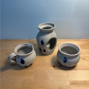 Williamsburg Pottery Candle Holder, Sugar Bowl & Creamer Salt Glaze Blue Leaves